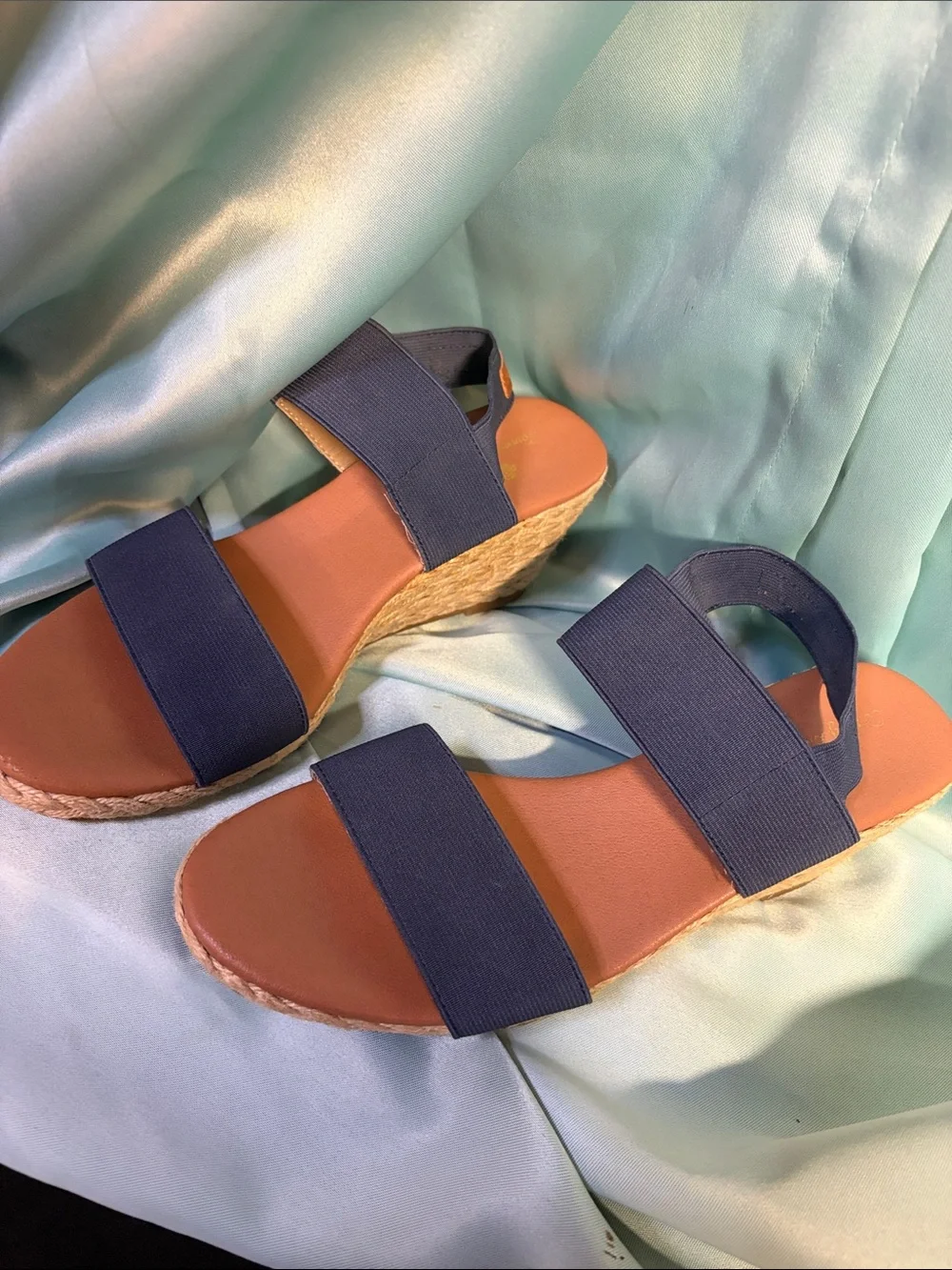 Tommy Bahama Navy Espadrille Wedge Sandals Stretch Straps Sz 9.5